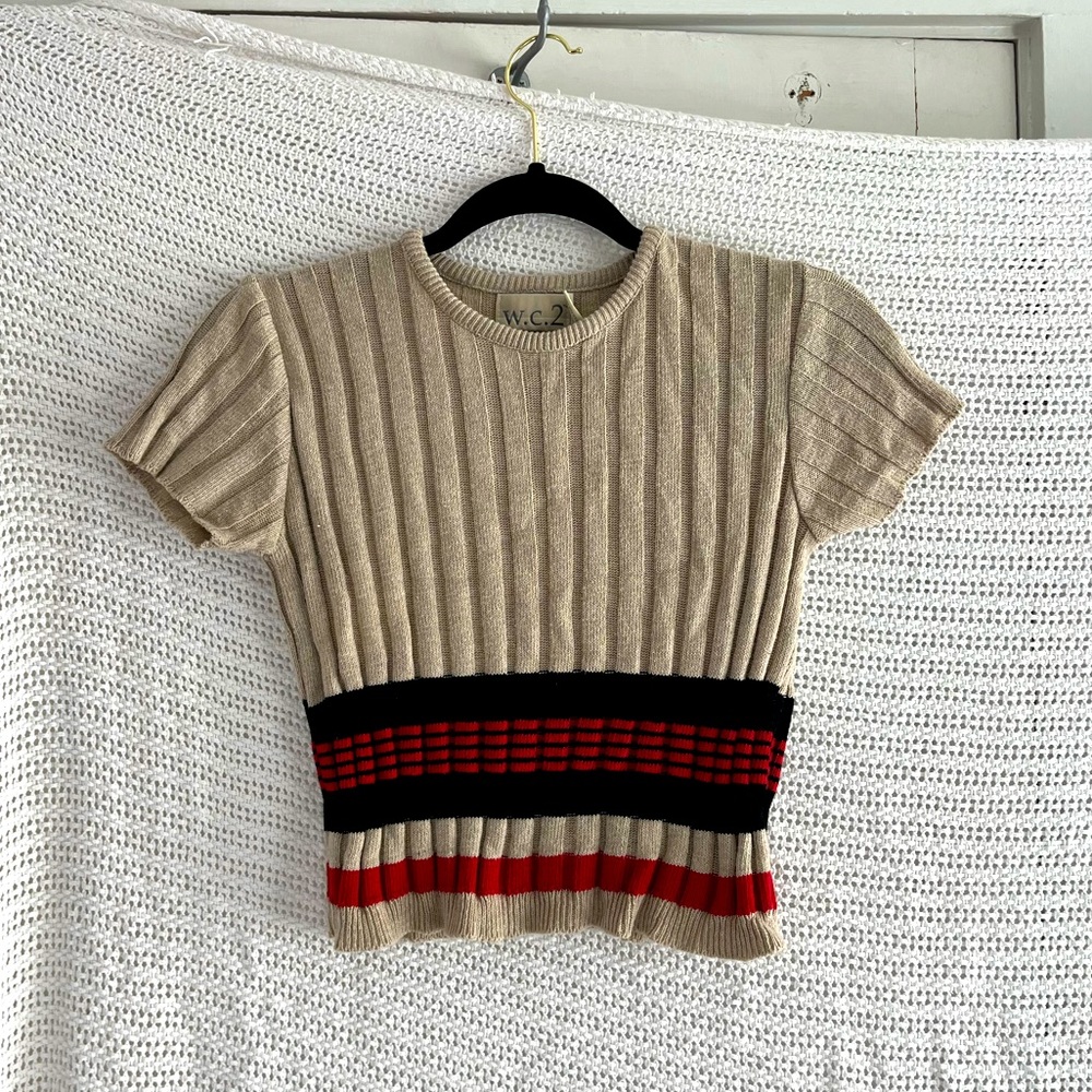 Striped Tan and Red Knit Crop Top